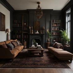 Dark Living Rooms Ideas, Vintage Formal Living Room, Dark Acedemia Furniture, Muted Home Decor, Dark Home Decor Living Room, Dark Academia Lounge Room, Moody Academia Living Room, Dark Academia Basement, Dark Academia Interior Design