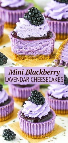 mini blueberry lavender cheesecakes with blackberries on top and in the middle