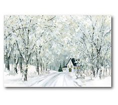 a painting of snow covered trees and a house on the side of a snowy road