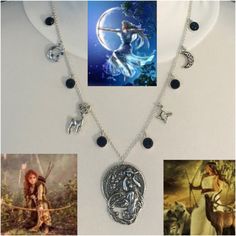 In Ancient Greek Mythology, Artemis Was The Goddess Of The Moon And The Hunt. She Was Frequently Depicted Hunting With A Bow And Arrow, Wearing A Short Tunic To Aid In Chasing Prey Through The Woods. Celebrate The Goddess Artemis (Diana In Roman Mythology), With This Unique Handmade Necklace Featuring Symbols From The Myths Of Artemis. This Unisex Necklace Features At Its Center A Silver Art Nouveau Style Pendant Of A Goddess In Front Of A Moon And Woods. To Its Left Is A Deer Charm, And A Cresc Greek Mythology Artemis, Goddess Of Moon, Vintage Mexican Wedding, Fake Pearl Necklace, Goddess Artemis, Bone Bead Necklace, Artemis Goddess, Chip Bead Necklace, Gray Beaded Necklace