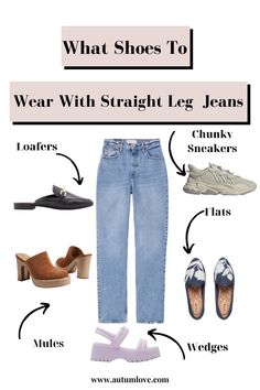 Jeans Footwear Women, Steaight Leg Jeans, Footwear For Jeans Women, Types Of Jeans Woman With Names, Straight Jeans Shoes, Strait Leg Jeans Outfit Casual, Straight Leg Denim Outfits, Footwear For Jeans, Petite Straight Leg Jeans