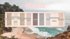 an image of the ocean and beach with text overlaying it that says seashell