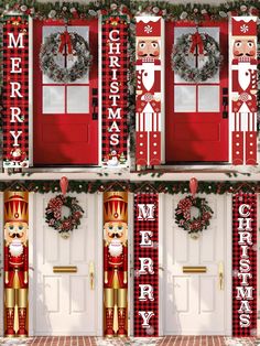 christmas decorations on the front door of a building with red and white checkered doors