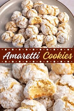 there is a plate full of cookies with powdered sugar on top and the words amarreti cookies above it