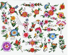 an assortment of colorful flowers and leaves on white paper, with the words flower power written in