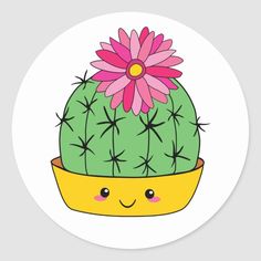 a round sticker with a pink flower on top of a green cactus in a yellow pot