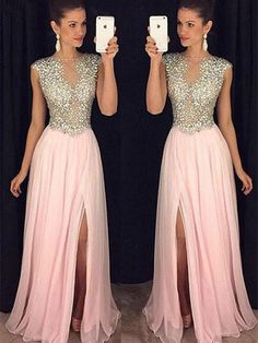 Formal Dress Graduation, Pink Formal Dress, Prom Dress Pink, Prom Dresses Sparkly, Dresses With Beading, Split Prom Dresses, Sparkly Prom Dress, Evening Dress Long, Beaded Evening Gowns