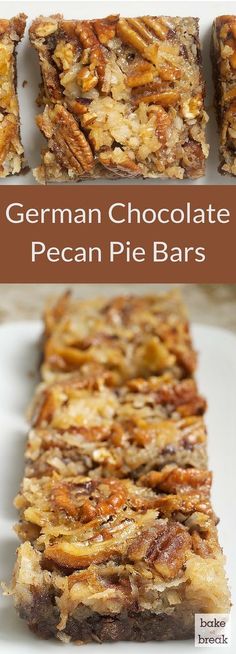 german chocolate pecan pie bars on a white plate