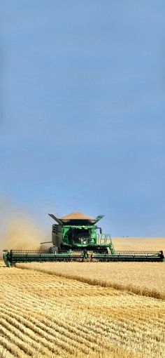 a large green tractor is driving through a field with grain in the foreground and a blue sky behind it