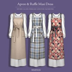 three aprons and ruffle midi dresses are shown in four different colors, with the same