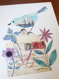 a bird is sitting on top of an envelope with flowers and leaves around it,