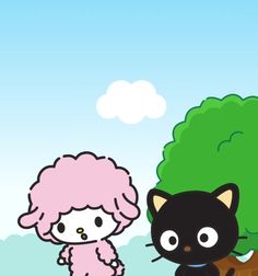 a black cat standing next to a tree and a pink haired girl in front of it