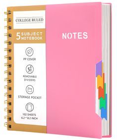 a pink notebook with 5 subject notebooks