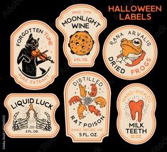 six halloween labels with cartoon animals and pumpkins