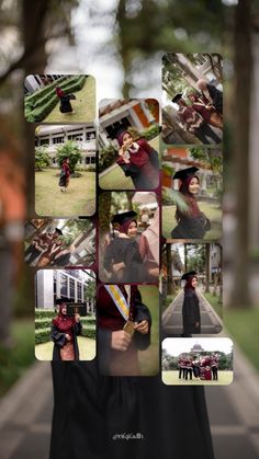 a collage of photos showing people in graduation gowns and cap, with trees behind them