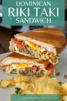 a sandwich cut in half sitting on top of a white plate next to potato chips