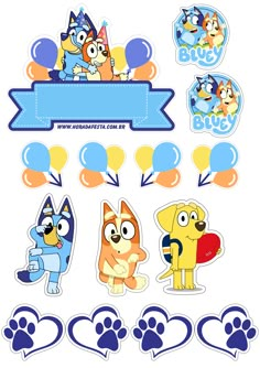 an assortment of stickers with dogs and paw patrol characters on the front, in blue