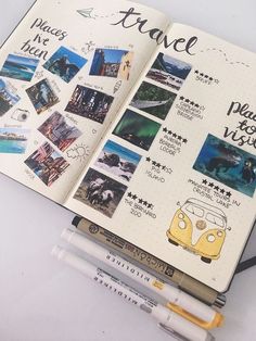 an open travel book with pictures and writing on it next to some markers, pens and pencils