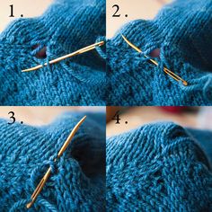 four pictures showing how to crochet the stitchs on a knitted sweater