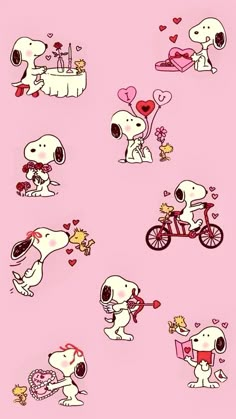 snoopy valentine stickers on a pink background with hearts and other things in it