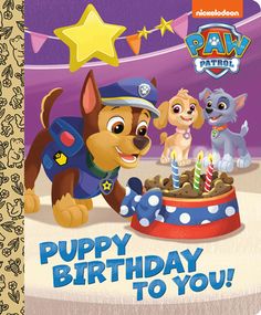 a happy birthday card with puppies on top of a cake and the caption puppy birthday to you