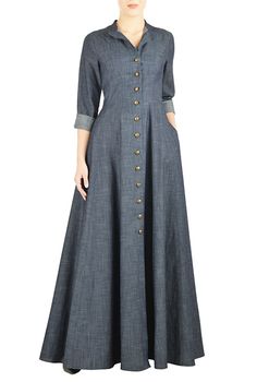 I <3 this Cotton chambray maxi shirtdress from eShakti Stile Hijab, Chambray Shirt Dress, Maxi Shirt Dress, Muslimah Fashion, Abaya Fashion, Kurta Designs, Indian Designer Wear, Flared Skirt, Mode Inspiration