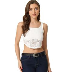 In a floral lace fabric, this tank top adds to your choice for party and club occasion. This hot top, designed with lace fabric and semi sheer design, adds a touch of fashion to your wardrobe. Paired with any tight trousers or short skirts for a chic and hot look. Fitted Lace Bodice Tank Top, Spring Lace Camisole Top, Lace Crop Top Tank With Lace Trim, Spring Cami Top With Lace Bodice, Sleeveless Lace Patchwork Crop Top For Spring, Summer Lace Camisole With Lace Bodice, Spring Sleeveless Lace Patchwork Crop Top, Spring Sleeveless Top With Lace Bodice, Sleeveless Top With Lace Bodice For Spring