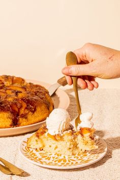 a person is spooning ice cream over a bundt cake