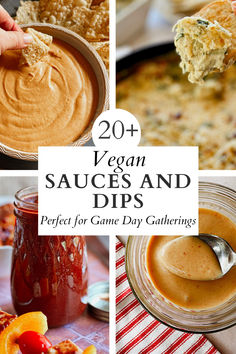 collage of four pictures showing vegan sauces and dips. Game Day Dips, Veggies Pasta, Sauces And Dips, Grain Bowls, Condiment Recipes, Creamy Dip, Grain Bowl, Vegan Sauces