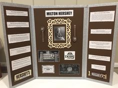 a bulletin board with pictures and information about the history of milton hershey on it