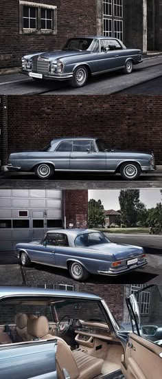 several different cars parked next to each other in front of a brick building with windows