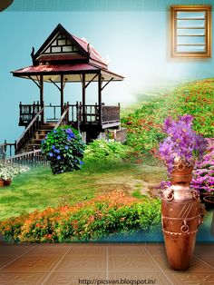 there is a wall mural in the room with flowers and a gazebo on it