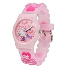 a pink hello kitty watch with hearts on it