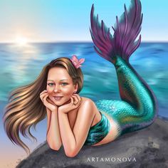 a beautiful mermaid laying on top of a rock next to the ocean