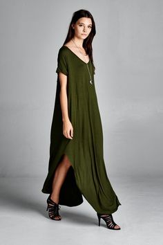 Soft V neck maxi dress with side slit and pockets. - 96% rayon, 4% spandex. Colors available: Black and Navy Tie Dye. Oversized T Shirt Dress, T Dress, Usa Dresses, Rolled Sleeves, Oversized T Shirt, Flowy Dress, Pocket Dress, Beautiful Outfits