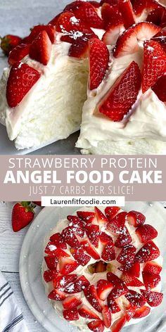 a strawberry protein angel food cake with white frosting and sliced strawberries on top