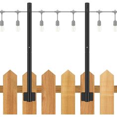 three lights are hanging from the side of a fence with wooden planks and metal posts