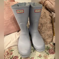 Like New! Only Worn A Few Times! Super Cute For Spring!! Color Is Like A Powder Blue/Light Grey Short Rain Boots, Hunter Shoes, Women Hunters, Powder Blue, Rain Boots, Blue Grey, Like New, Light Grey, Light Blue