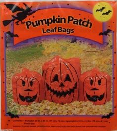 three pumpkin patch leaf bags in the shape of jack - o'- lanterns