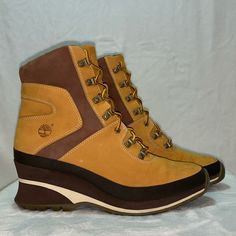 These New Old Stock Vintage Rich Caramel And Brown Ankle Boots Feature Upper Leather With Lace Up Closure, Leather Lining And Cushioned Insoles For Comfort. Traditional Timberland Features Include Durable Leather Out Soles, Wedge Heels And Dura Cord Laces. Women’s Size 8.5 *New* Cord Lace, Timberlands Shoes, Timberlands Women, Brown Ankle Boots, Womens Shoes Wedges, Womens Boots Ankle, Heeled Ankle Boots, Timberland Boots, Wedge Heels