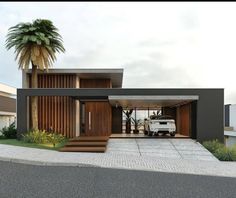 a white truck parked in front of a modern house with palm trees and landscaping around it