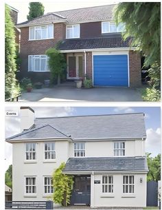 before and after pictures of a house with blue garage doors on the front, side by side