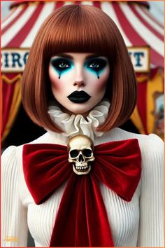 a woman with red hair and blue eyes is wearing a skull necklace in front of a circus tent