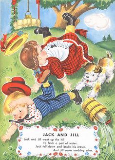 an old children's book about jack and jill, with pictures of kids playing in the grass