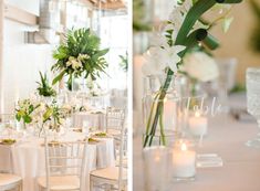 the tables are set with white flowers and candles