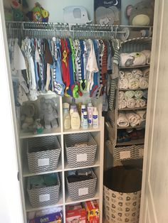 the closet is full of baby items and toys