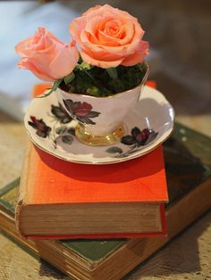 two pink roses in a teacup on top of books