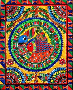 an artistic painting with colorful colors and designs on the paper, depicting a fish in a circle