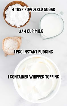 ingredients to make whipped cream in bowls on a white counter top with text overlay