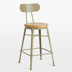 a metal stool with a wooden seat and backrests on an isolated white background